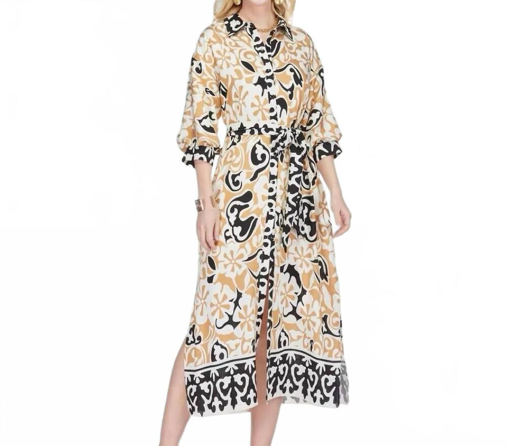 NEW JADE the isla ethnic border maxi shirt dress in white/ tan / black